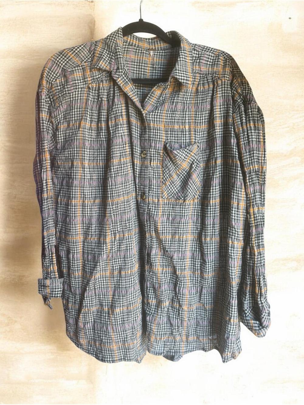 Free People Long-Sleeve Plaid Button-Up in Gray, Yellow and Purple